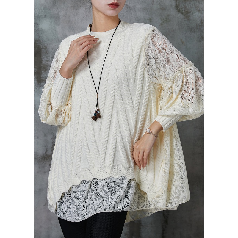 Art Beige Oversized Patchwork Lace Knit Top Spring