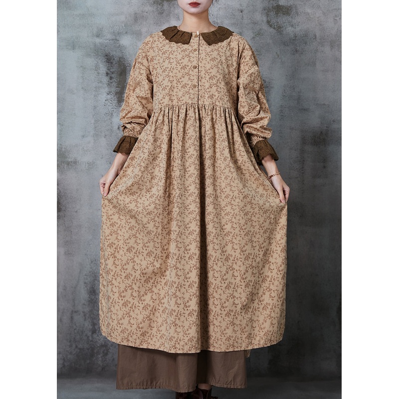 Art Khaki Print Patchwork Cotton Fake Two Piece Dresses Spring