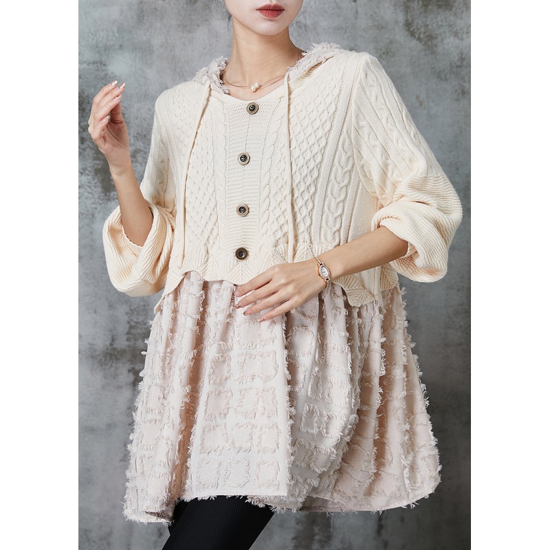 Beautiful Beige Hooded Patchwork Knit Dress Spring