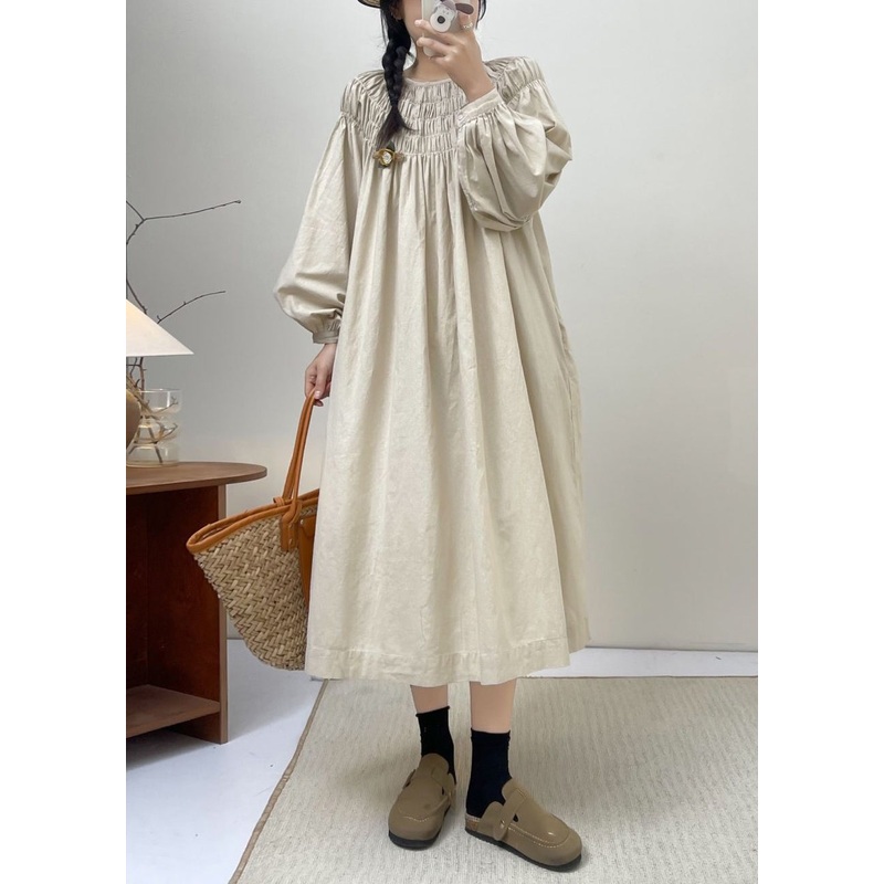 Beige Solid Cotton Dresses Lace Up Long Sleeve