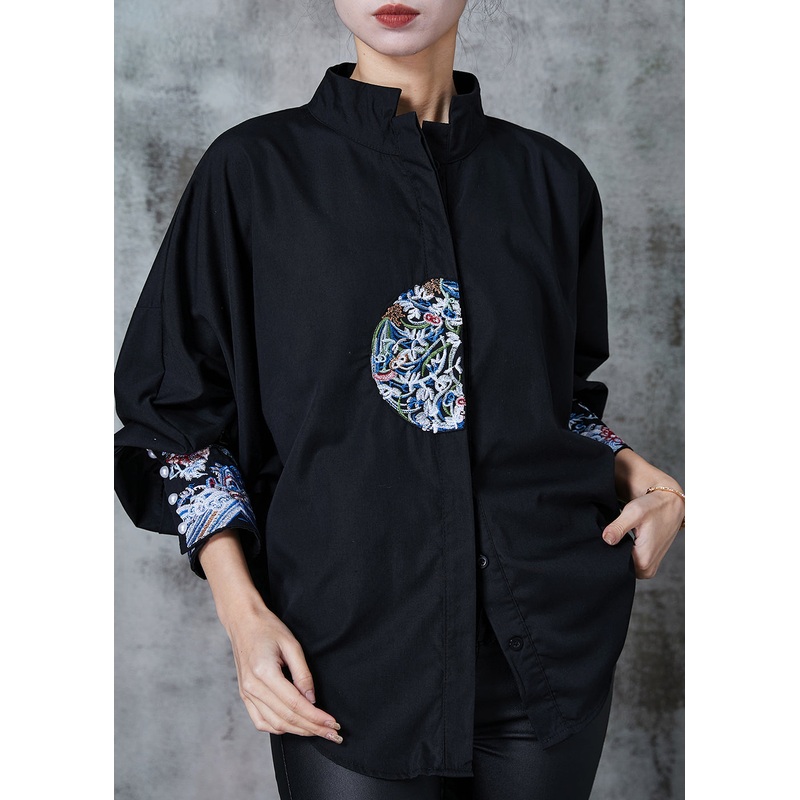 Black Loose Cotton Shirt Stand Collar Embroidered Summer