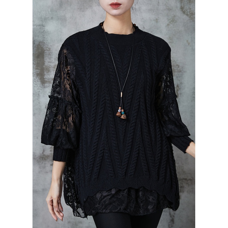 Black Patchwork Lace Knit Tops Oversized Spring