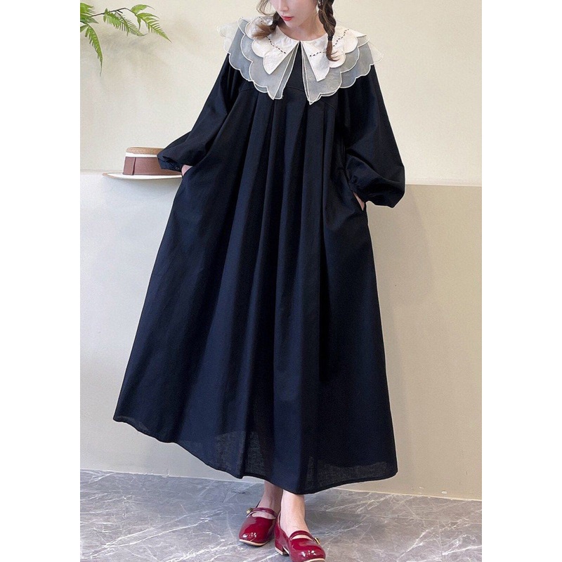 Black Pockets Cotton Dress Peter Pan Collar Long Sleeve