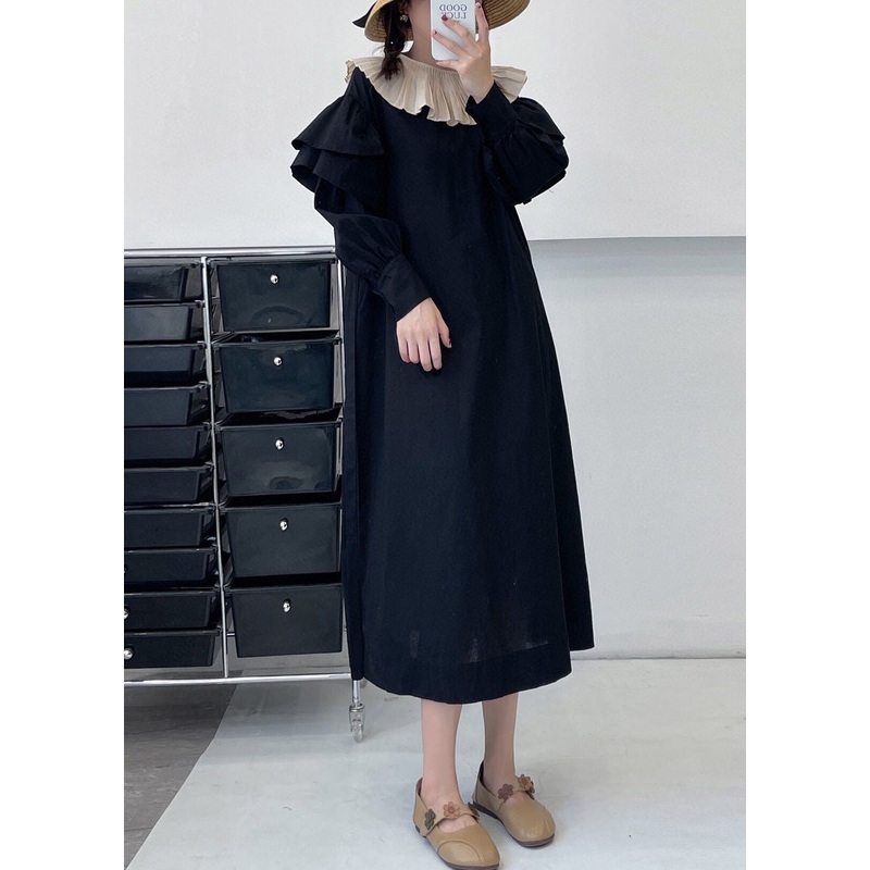 Black Solid Pockets Cotton Dress Ruffled Summer
