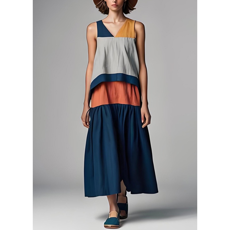 Bohemian Colorblock V Neck Patchwork Cotton Dresses Sleeveless
