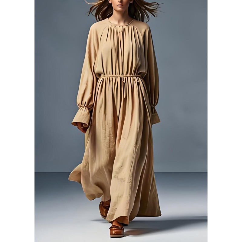 Bohemian Khaki O Neck Wrinkled Plus Size Cotton Dress Long Sleeve