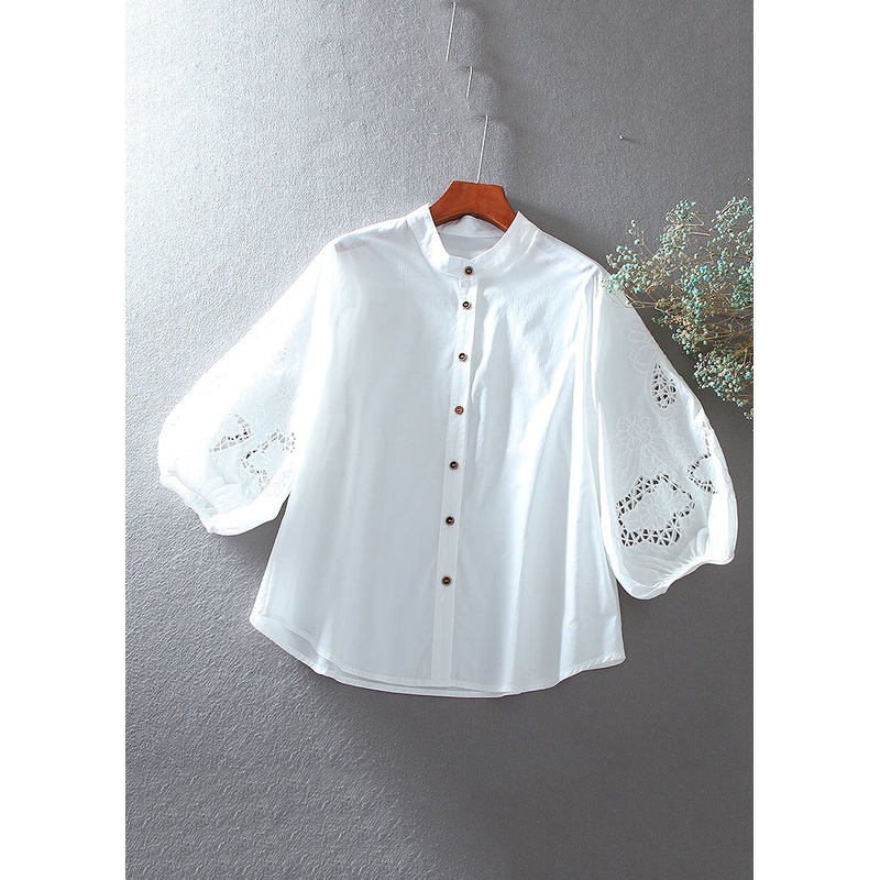 Brief White O-Neck Hollow Out Cotton Shirt Bracelet Sleeve