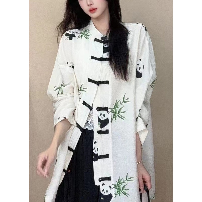 Chinese Style White Stand Collar Print Button Cotton Shirts Long Sleeve