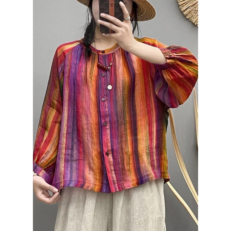 Rainbow Button Patchwork Linen Blouses O Neck Spring