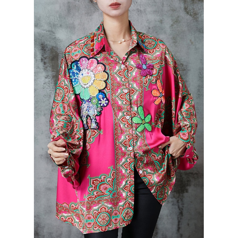 Rose Print Chiffon Tops Oversized Batwing Sleeve