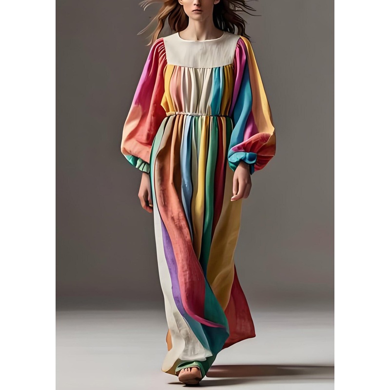 Stylish Colorblock O Neck Wrinkled Patchwork Cotton Dresses Lantern Sleeve
