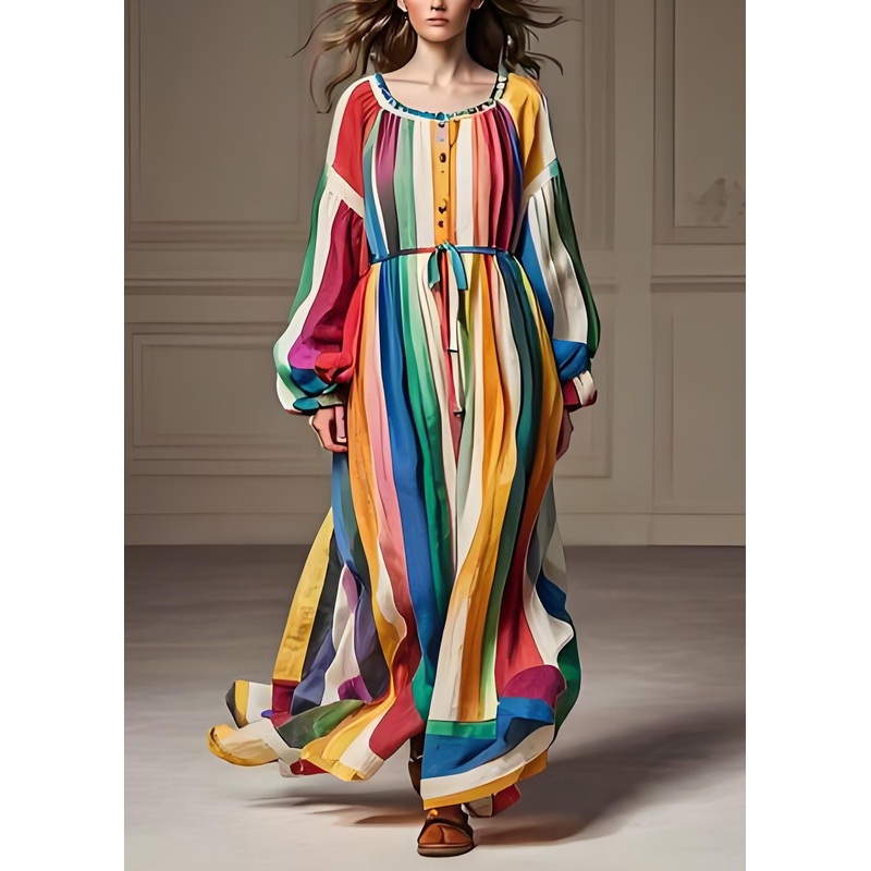 Stylish Colorblock U Neck Patchwork Cotton Dresses Lantern Sleeve