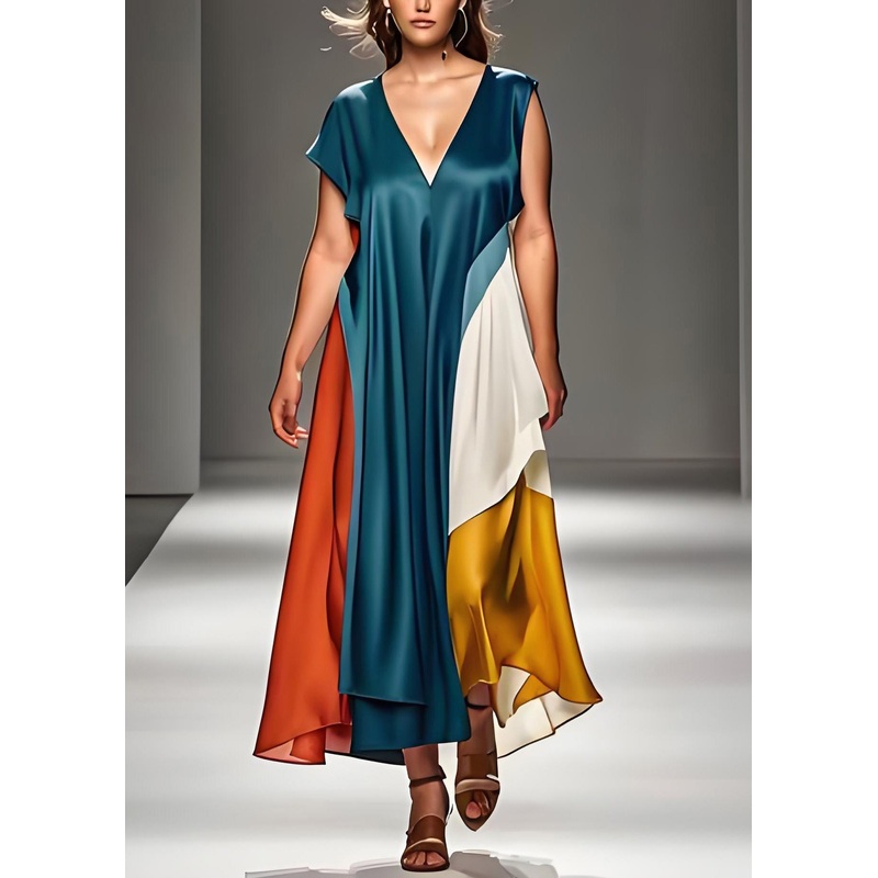 Unique Blue V Neck Patchwork Silk Long Dresses Summer