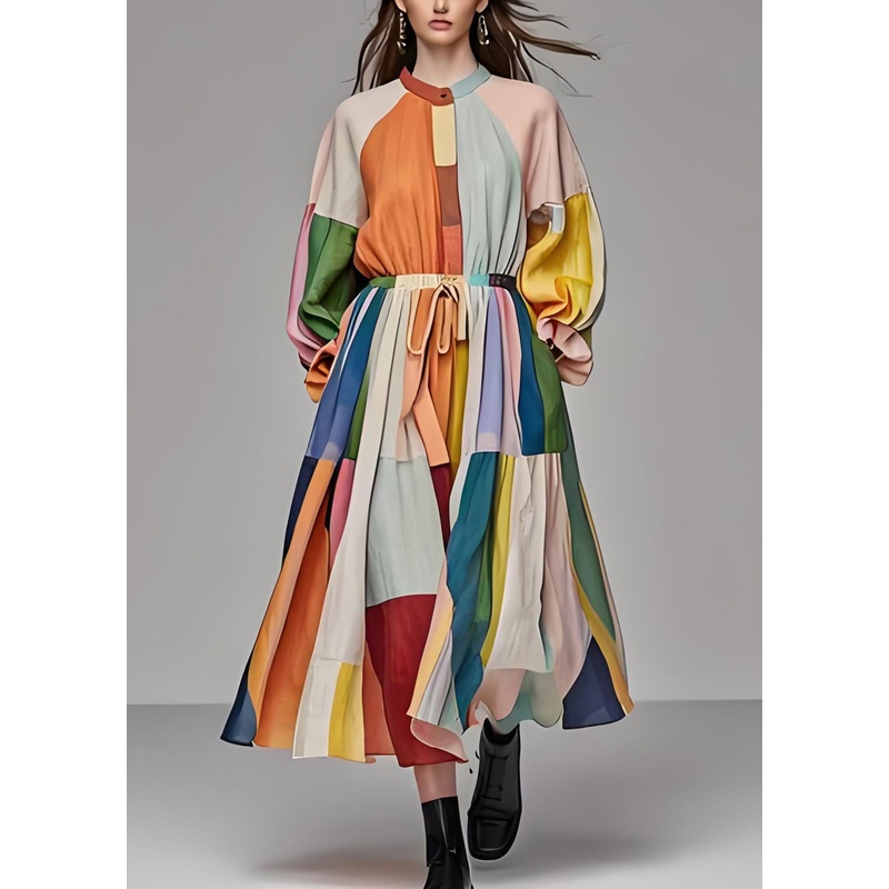 Unique Colorblock Stand Collar Drawstring Cotton Maxi Dress Long Sleeve
