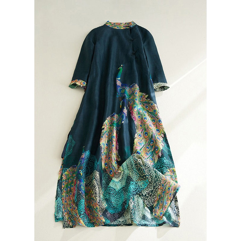 Vintage Blackish Green Stand Collar Print Side Open Long Dresses Short Sleeve