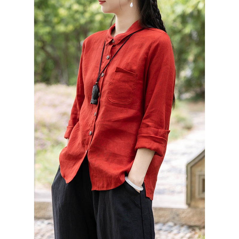 Vintage Red Peter Pan Collar Pockets Shirts Spring
