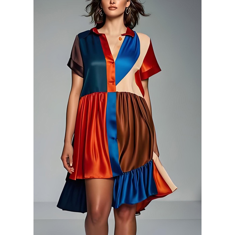 Women Colorblock Asymmetrical Patchwork Silk Dress Summer