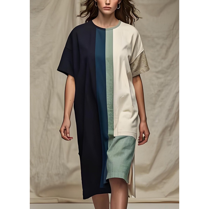 Women Colorblock O Neck Patchwork Cotton Dress Summer