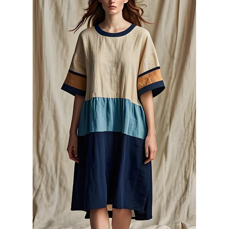 Women Colorblock O Neck Patchwork Cotton Dresses Summer