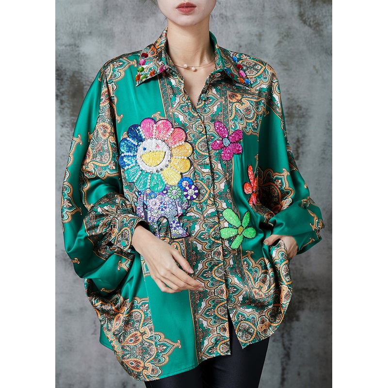 Women Green Oversized Print Chiffon Top Spring