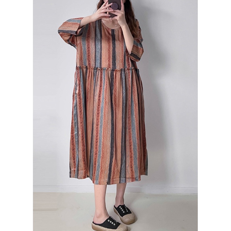 Women Orange Striped Patchwork Silk Cotto Long Dresses Long Sleeve