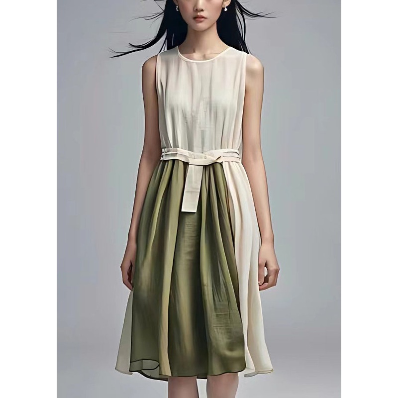 Art Beige High Waist Patchwork Cotton Dress Sleeveless
