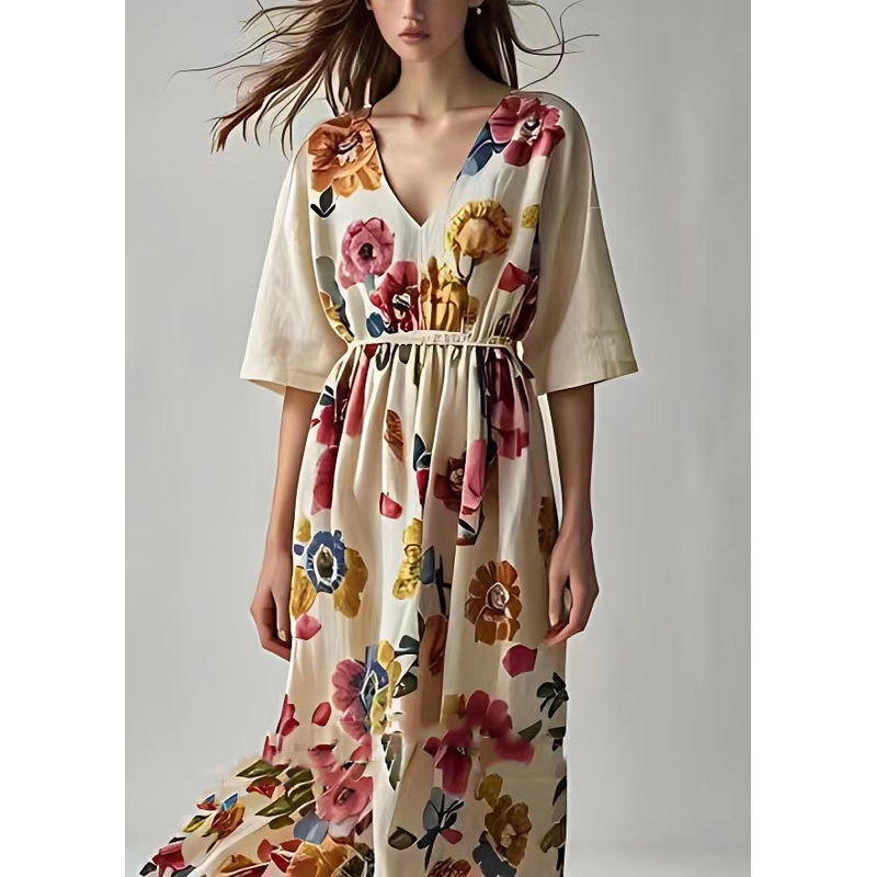 Art Beige Print High Waist Cotton Long Dresses Summer