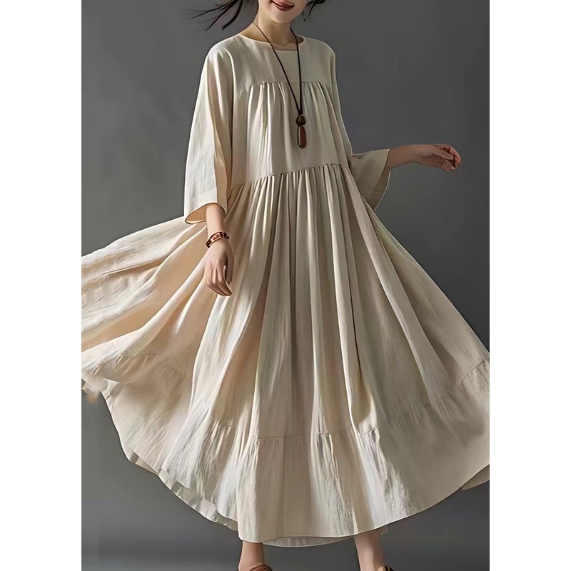 Art Beige Wrinkled Solid Cotton Long Dresses Bracelet Sleeve