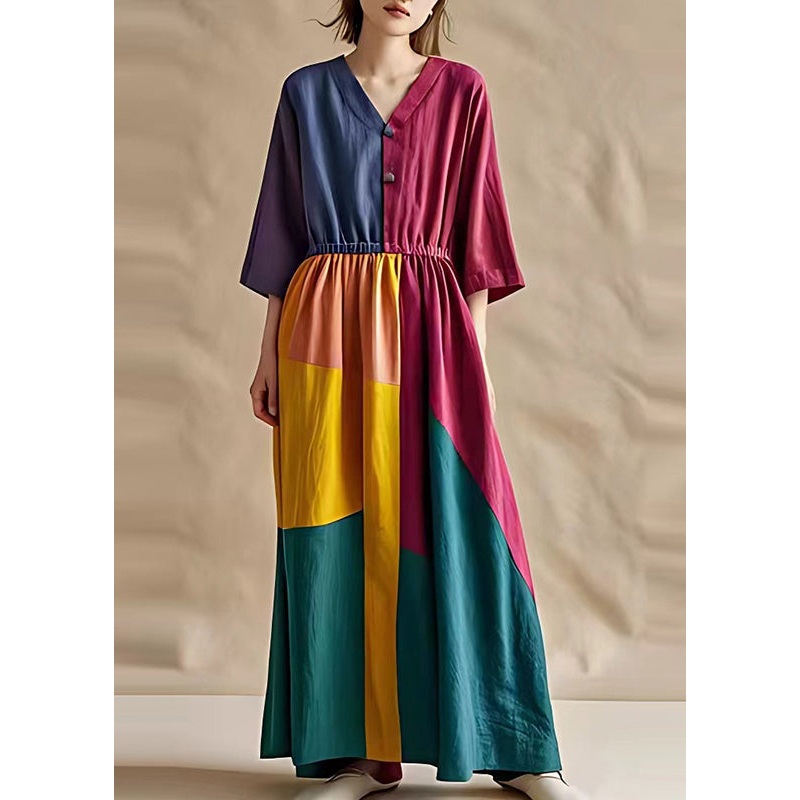Art Colorblock Elastic Waist Patchwork Cotton Dresses Summer