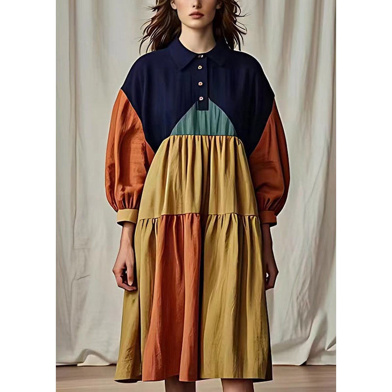 Art Colorblock Peter Pan Collar Patchwork Cotton Maxi Dresses Summer