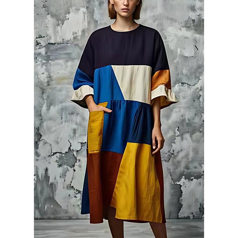 Art Multicolour Asymmetrical Patchwork Cotton Long Dress Summer