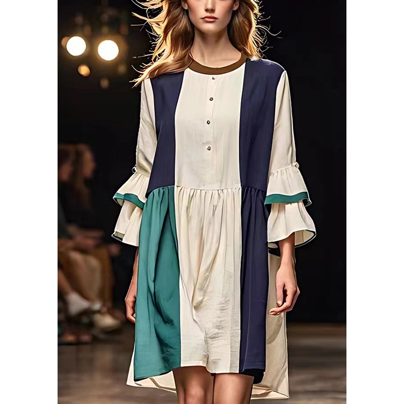 Art White O-Neck Patchwork Linen Dress Flare Sleeve