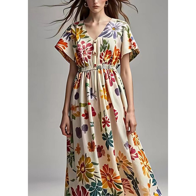 Beautiful Apricot V Neck Print Cotton Maxi Dresses Summer