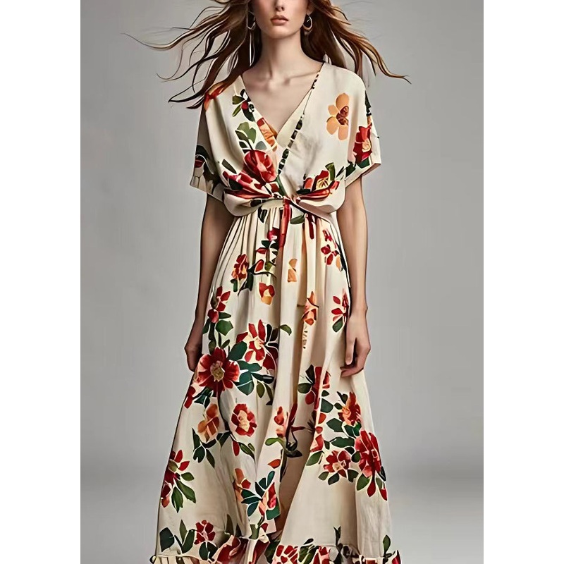Beautiful Beige V Neck Print Cotton Long Dress Summer