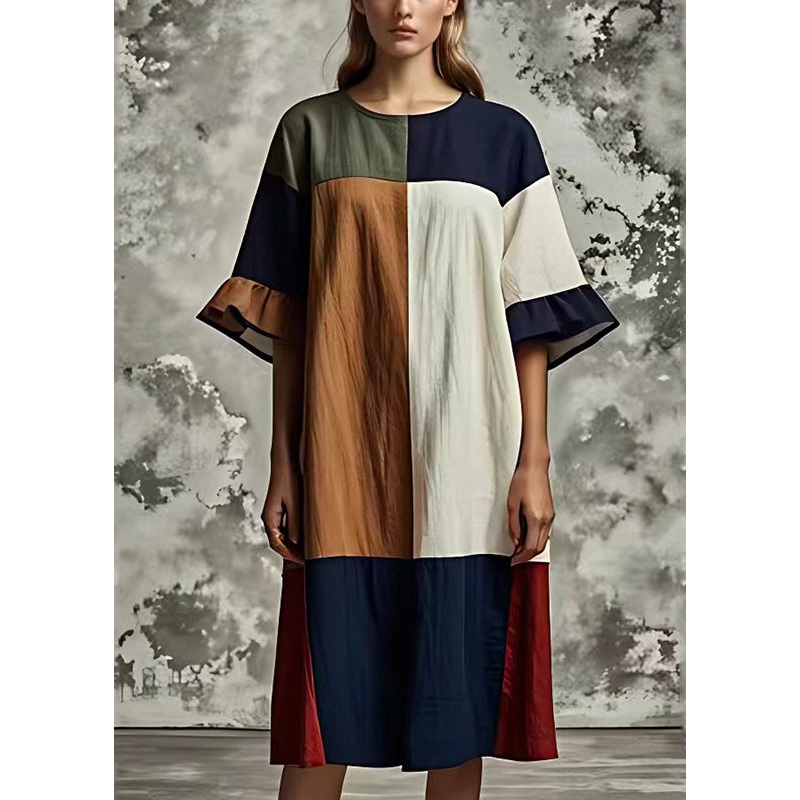 Beautiful Colorblock Oversized Patchwork Cotton Dresses Flare Sleeve