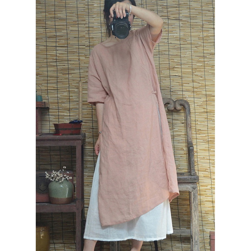 Beautiful Pink O Neck Side Open Cotton Dresses Summer