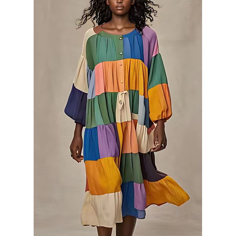 Bohemian Button Lace Up Patchwork Cotton Long Dresses Long Sleeve