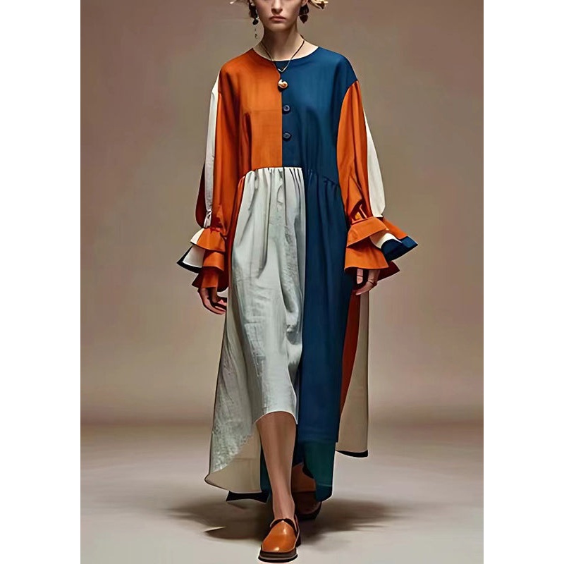 Bohemian Colorblock Oversized Patchwork Linen Dress Flare Sleeve