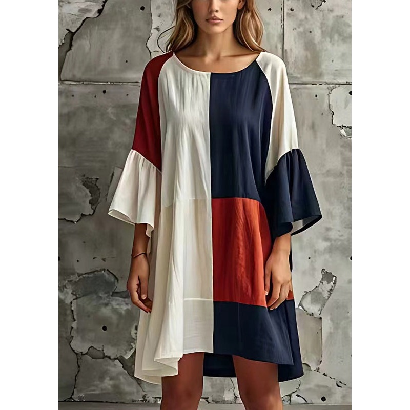 Bohemian Colorblock Patchwork Cotton Beach Dress Flare Sleeve