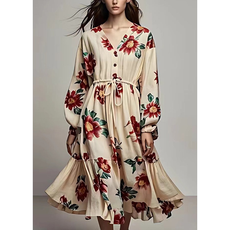 Bohemian Khaki V Neck Lace Up Print Cotton Maxi Dress Long Sleeve