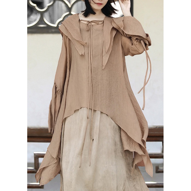 Fashion Khaki Asymmetrical Lace Up Cotton UPF 50+ Shirt Flare Sleeve