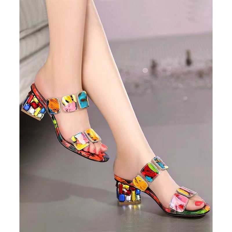 Fashion Multi Color Splicing Chunky Heel Peep Toe Slide Sandals