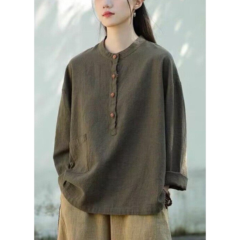 Organic Tea Green Stand Collar Linen Blouse Tops Long Sleeve