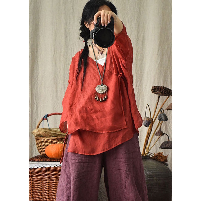 Original Design Red V Neck Lace Up Linen Blouses Summer