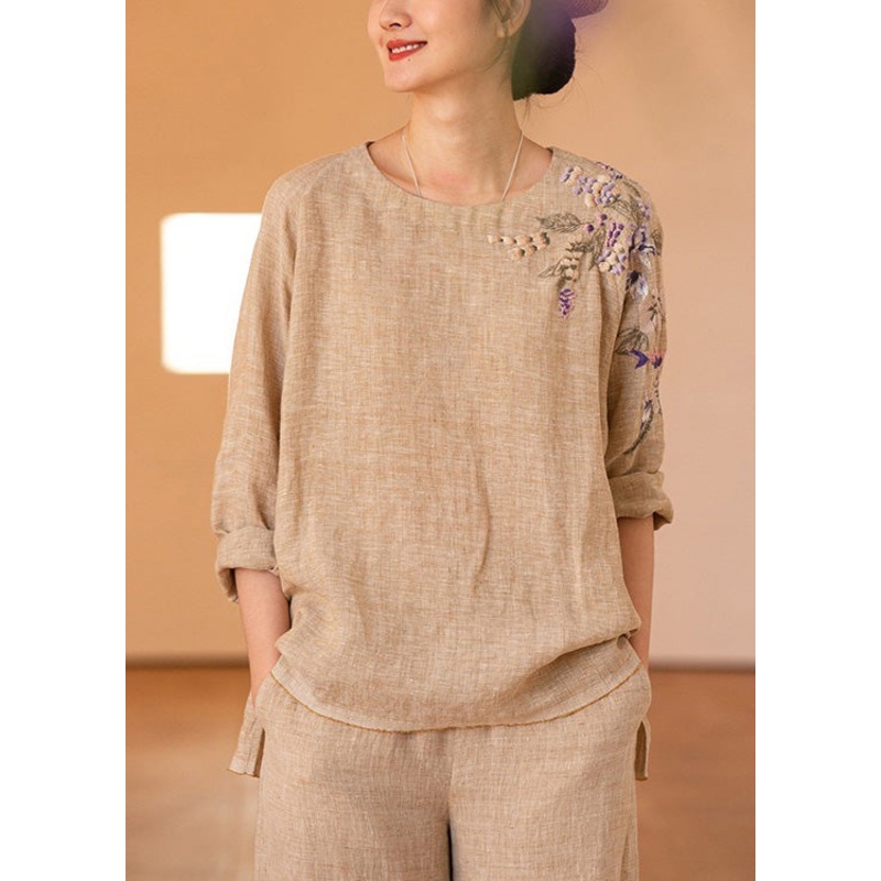 Vintage O-Neck Embroidered Linen Shirt Top Long Sleeve