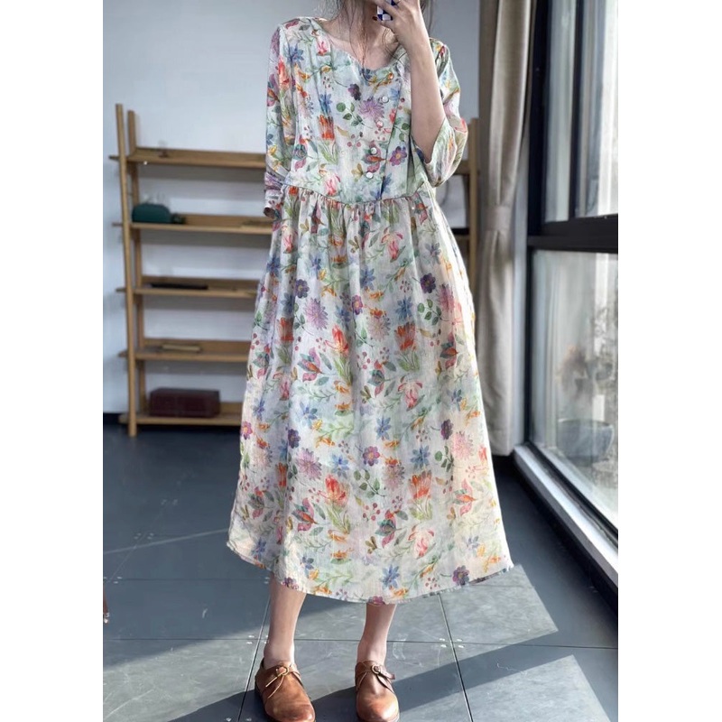 Vintage O Neck Print Patchwork Cotton Dress Bracelet Sleeve