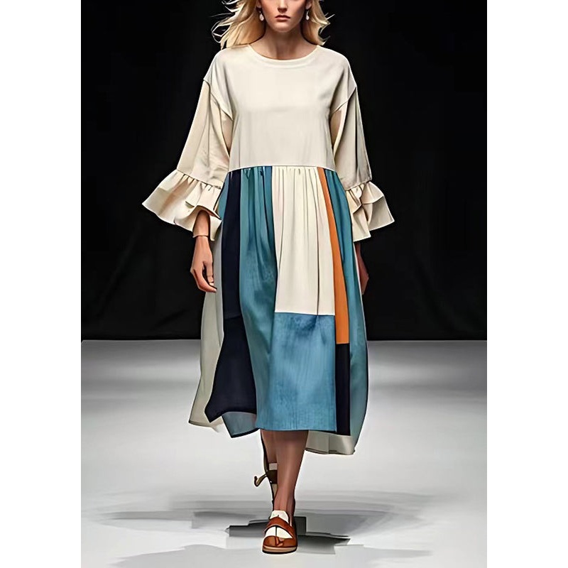 White Patchwork Cotton Long Dress Exra Large Hem Flare Sleeve