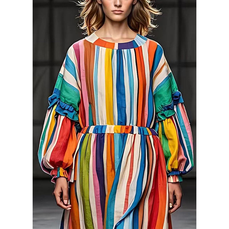 Women Rainbow Ruffled Striped Cotton Vacation Dresses