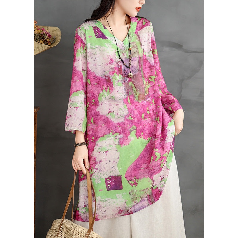 Women V Neck Print Cotton Mid Dresses Bracelet Sleeve