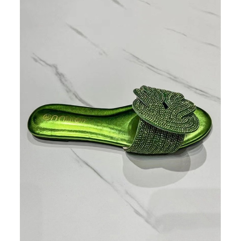 2024 Summer Boutique Fashion Green Slide Sandals Zircon